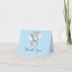 Tarjeta De Agradecimiento Bebé Elefante Lindo Niño Azul y Gris