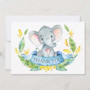 Tarjeta De Agradecimiento Bebé Elefante Lindo Niño Azul y Gris