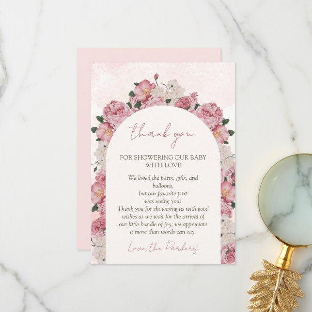 Tarjeta De Agradecimiento Bebé en flor rosa Baby Shower (Anverso/Reverso In Situ)