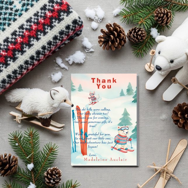 Tarjeta de agradecimiento bébé esquí bebé Oso pola (Après Bébé Ski baby Polar bear fox Thank You card)