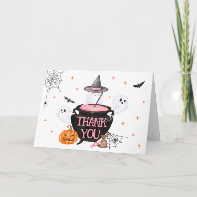 Tarjeta De Agradecimiento Bebé fantasma rosa en Halloween está preparando Ba (Anverso)