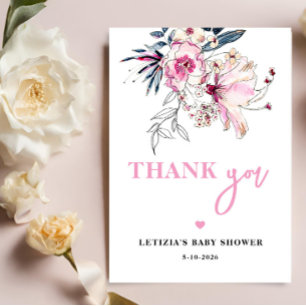 Tarjeta De Agradecimiento Bebé floral rosado en Baby Shower en sangre