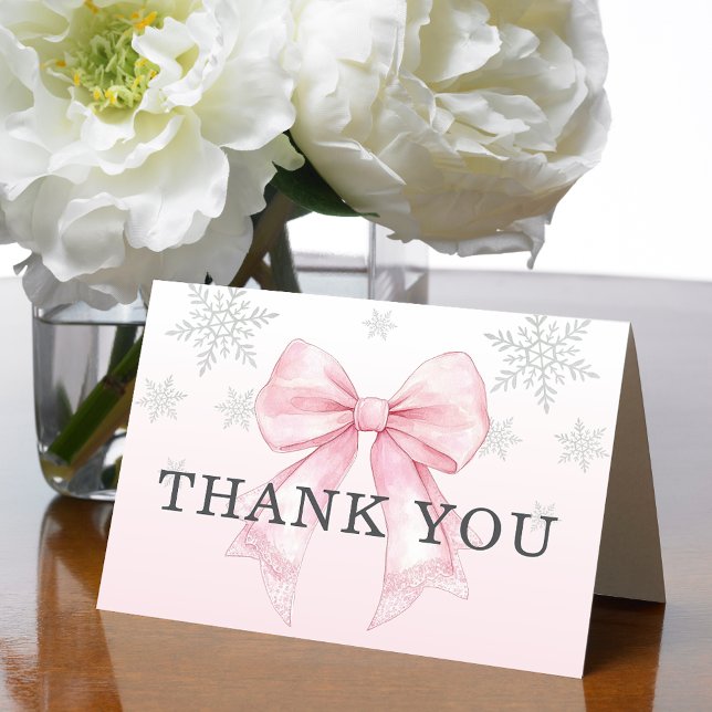 Tarjeta De Agradecimiento Bebé hace frío afuera lazo rosa (Baby It’s Cold Outside Pink Bow Thank You Card)
