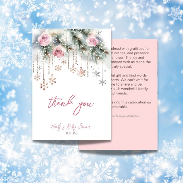 Tarjeta De Agradecimiento Bebé, hace frío fuera de invierno, baby ducha past (Baby it's cold outside winter baby shower pastel thank you card blush pink roses crystal snowflakes)