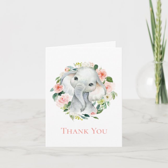 Tarjeta De Agradecimiento Bebé lindo Elefante Floral Gracias (Anverso)