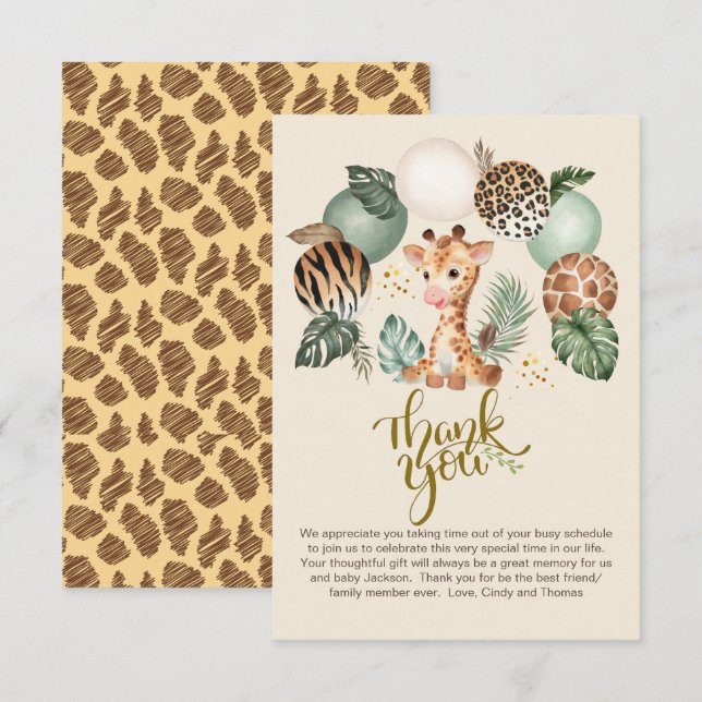 Tarjeta De Agradecimiento Bebé lindo jirafa Safari animal impresión Beige (Anverso / Reverso)