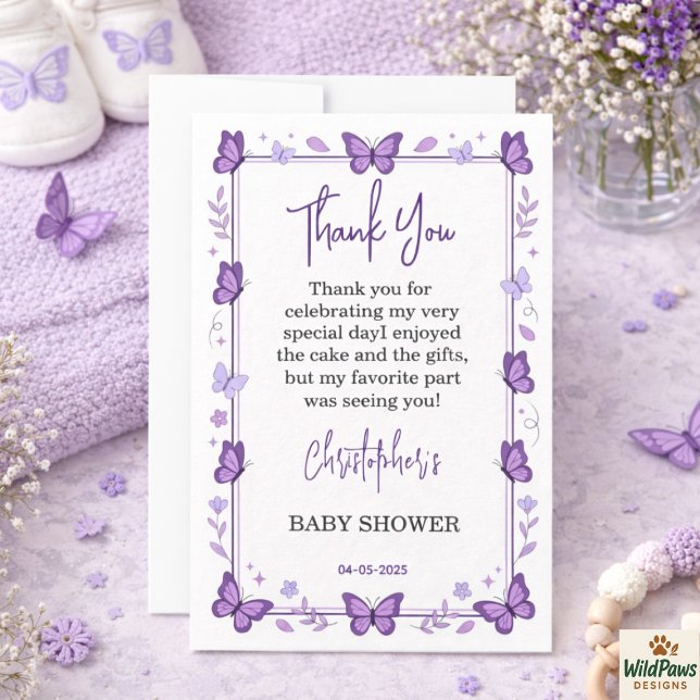 Tarjeta De Agradecimiento Bebé Mariposa Morada Fiesta de Cumpleaños de la Be (Purple Butterfly Baby Girl Baby Shower Thank You Card
)