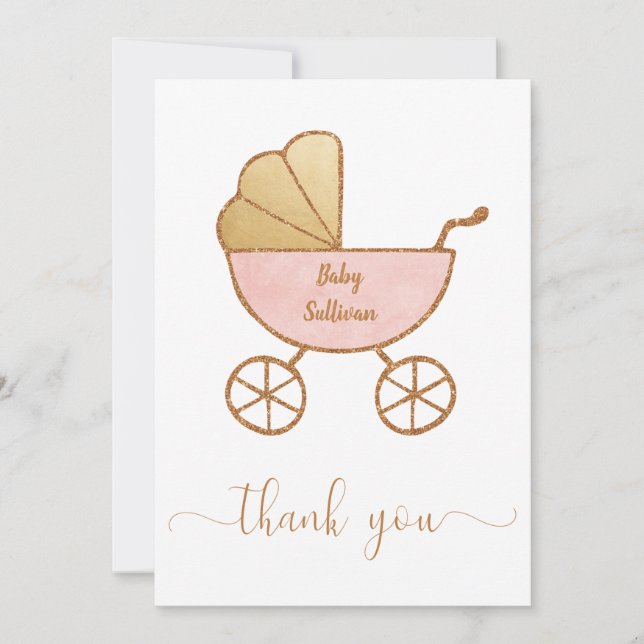 Tarjeta De Agradecimiento Bebé Mínimo Chica Ducha Carrito Retro Oro Rosa (Anverso)