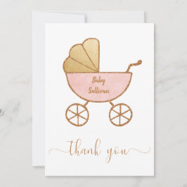 Tarjeta De Agradecimiento Bebé Mínimo Chica Ducha Carrito Retro Oro Rosa