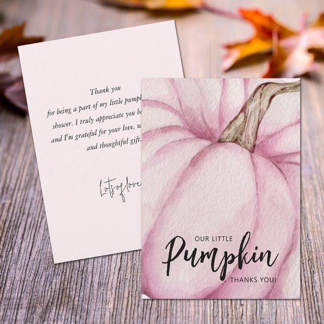 Tarjeta De Agradecimiento Bebé niña calabaza rosa plana  (Pink pumpkin baby shower flat thank you cards feature your message on the back.)