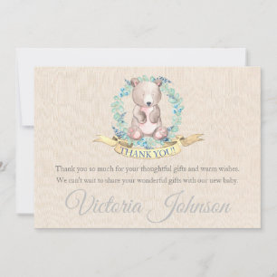 Tarjeta De Agradecimiento Bebé Oso Floral Acuarela para Niños Baby Shower