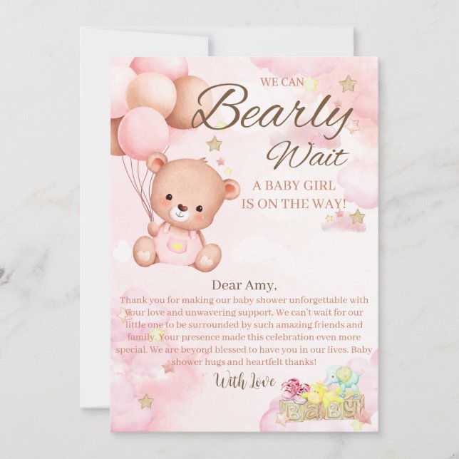 Tarjeta De Agradecimiento Bebé Oso Shower Niña (Anverso)