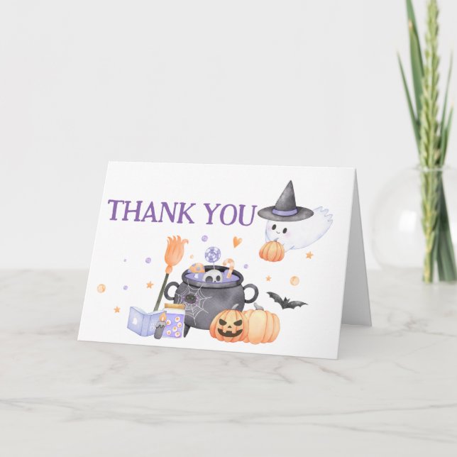 Tarjeta De Agradecimiento Bebé prepara Baby Shower morado de Halloween (Anverso)