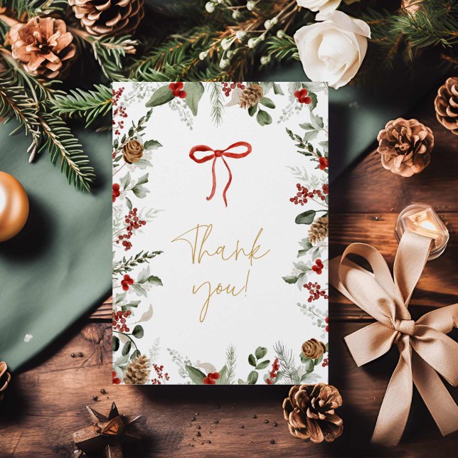 Tarjeta De Agradecimiento Bebé Shower Elegante de Vegetación Invernal y Aceb (Christmas Baby Shower Thank you card)