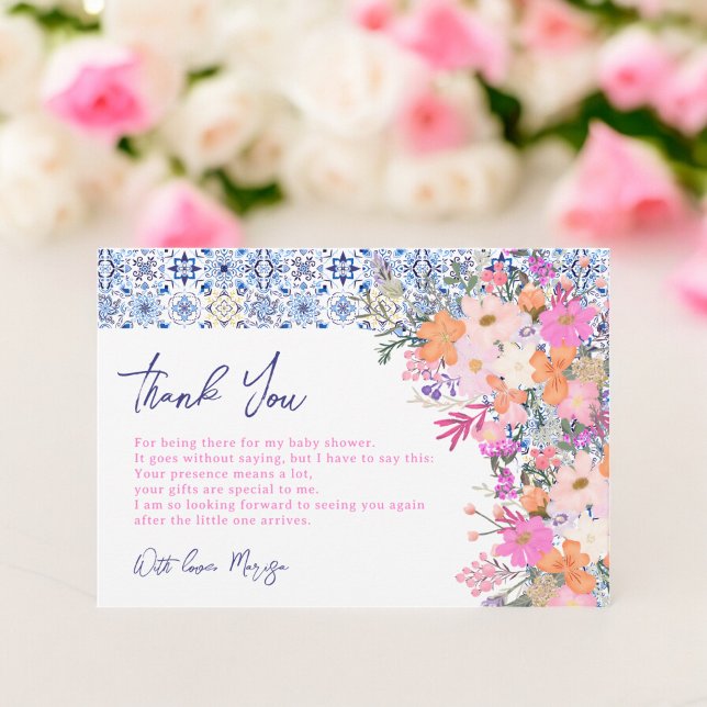 Tarjeta De Agradecimiento Bebé shower floral acuarela baldosas azules italia (Italian blue tiles watercolor floral baby shower thank you card)