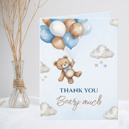 Tarjeta De Agradecimiento Bebé Shower Globos Oso Marrón Azul Adorable