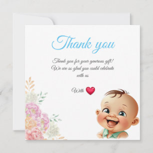 Tarjeta De Agradecimiento Bebé sonriente con rosas y Gracias en azul