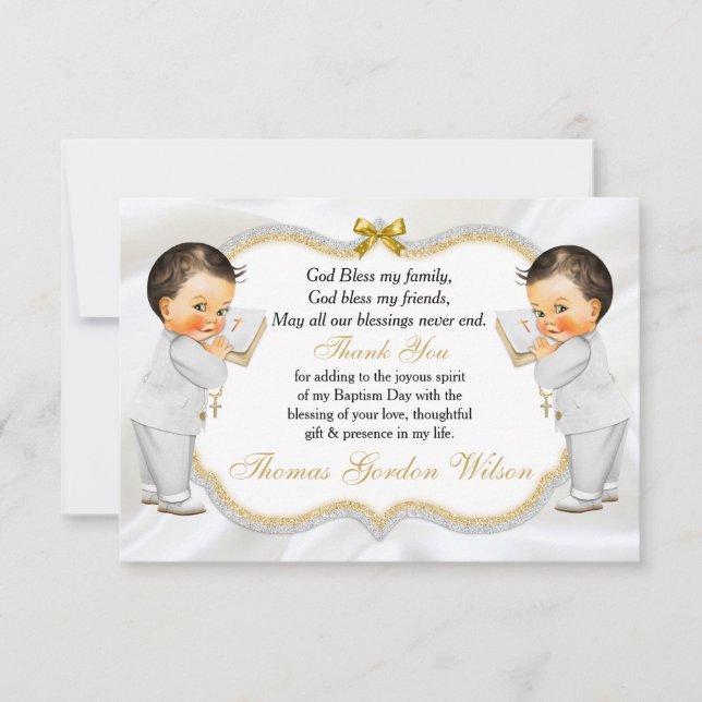 Tarjeta De Agradecimiento Bebés gemelos Baptism Gold Cross Gracias (Anverso)