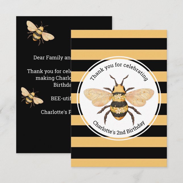 Tarjeta De Agradecimiento Bee Birthday Party (Anverso / Reverso)
