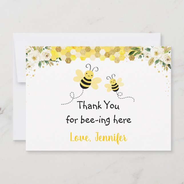 Tarjeta De Agradecimiento Bee Gold Floral Baby Shower Gracias (Anverso)