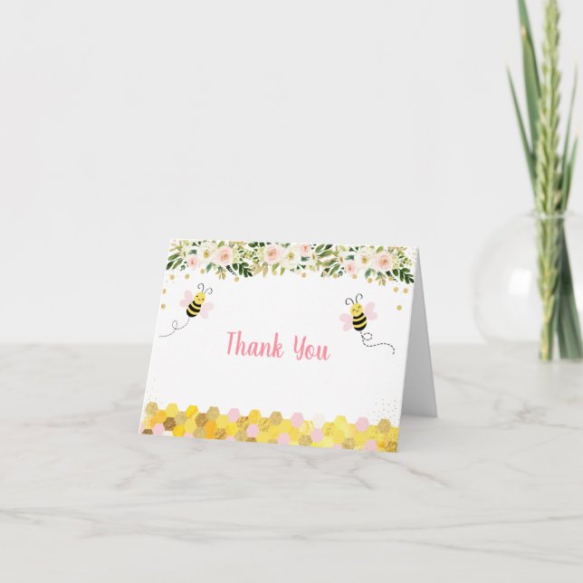 Tarjeta De Agradecimiento Bee Pink Gold Floral Birday Gracias (Anverso)