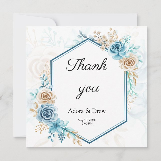 Tarjeta De Agradecimiento Beige blue Elegant Floral Wedding (Anverso)