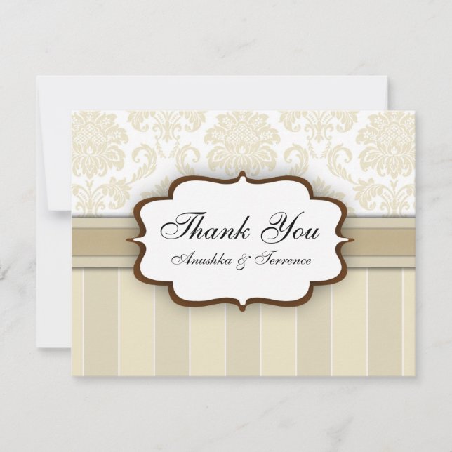 Tarjeta De Agradecimiento Beige Damask Stripe Boda Gracias (Anverso)