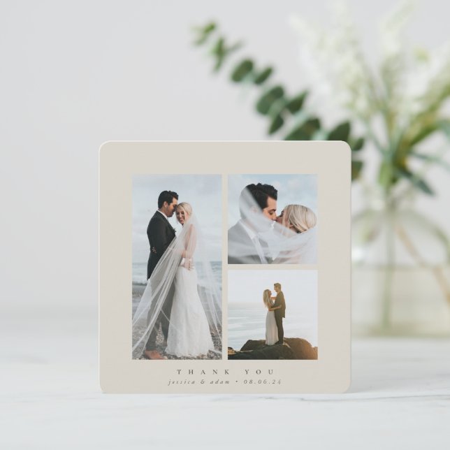 Tarjeta De Agradecimiento Beige Elegant Square Tres Bodas de foto (Anverso de pie)