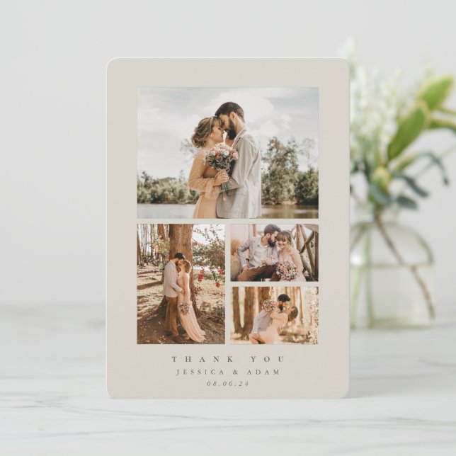 Tarjeta De Agradecimiento Beige Elegante Minimal 4 Boda de fotos plano (Anverso de pie)