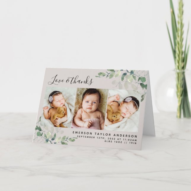 Tarjeta De Agradecimiento Beige Eucalyptus Foto Bebé Nacimiento Estadísticas (Anverso)