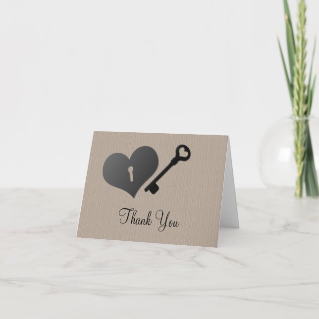 Tarjeta de agradecimiento Beige Heart Lock and Key (Anverso)