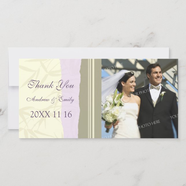 Tarjeta De Agradecimiento Beige Púrpura Gracias Cartas Fotográficas Bodas (Anverso)