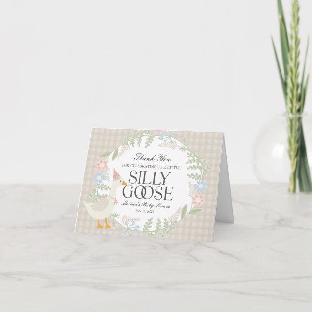 Tarjeta De Agradecimiento Beige Silly Goose Floral Gingham Baby Shower (Anverso)