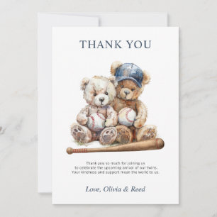 Tarjeta De Agradecimiento Béisbol Teddy Bears Twins Baby Shower Gracias
