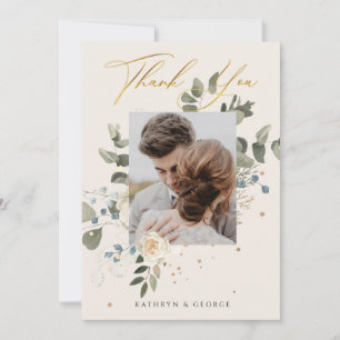 Tarjeta De Agradecimiento Bella Fotografía de Boda con Caligrafía Dorada Flo