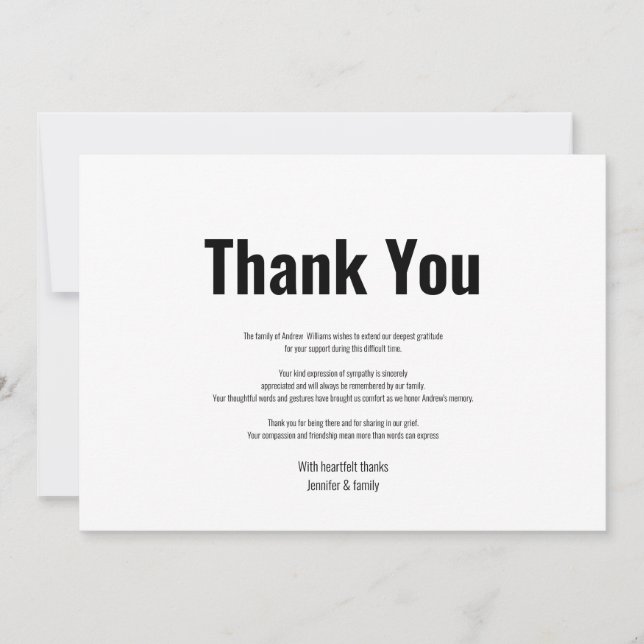 Tarjeta De Agradecimiento Bereavement funeral Simple Black & White Gracias (Anverso)