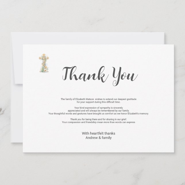 Tarjeta De Agradecimiento Bereavement funeral Simple Floral Cross Gracias (Anverso)
