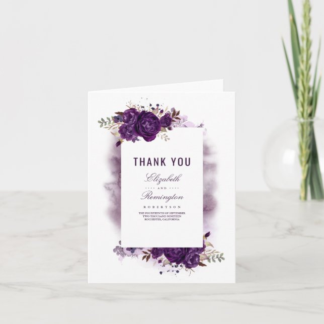 Tarjeta De Agradecimiento Berenjena Floral Morado Gracias de Boda (Anverso)