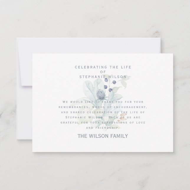 Tarjeta De Agradecimiento Bermudas funerales florales blancas y azules graci (Reverso)