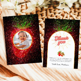 Tarjeta De Agradecimiento Berry First Birthday Photo Strawberry Purpurina