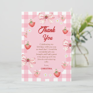 Tarjeta De Agradecimiento Berry first birthday pink strawberry gingham sweet