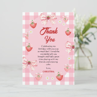 Tarjeta De Agradecimiento Berry first birthday pink strawberry gingham sweet