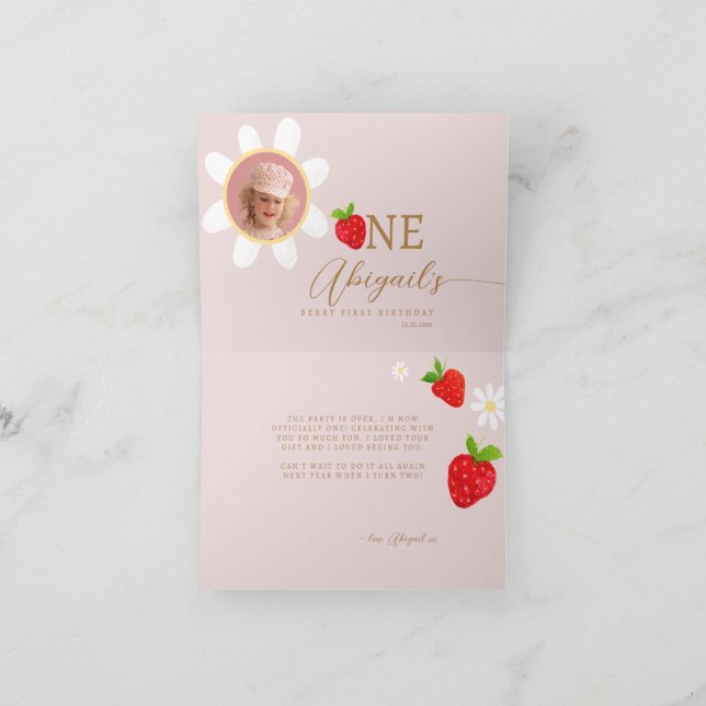 Tarjeta De Agradecimiento Berry First First Strawberry Birthday Photo (Interior)