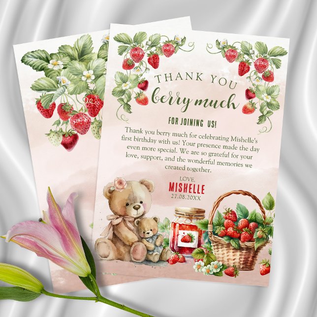 Tarjeta De Agradecimiento Berry First Strawberry and Bear Birday (Subido por el creador)