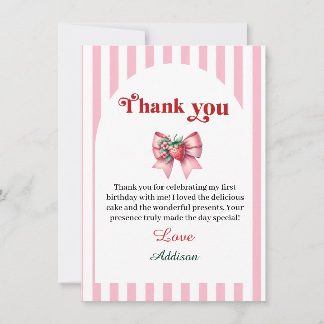Tarjeta De Agradecimiento Berry First Strawberry and Bow (Anverso)