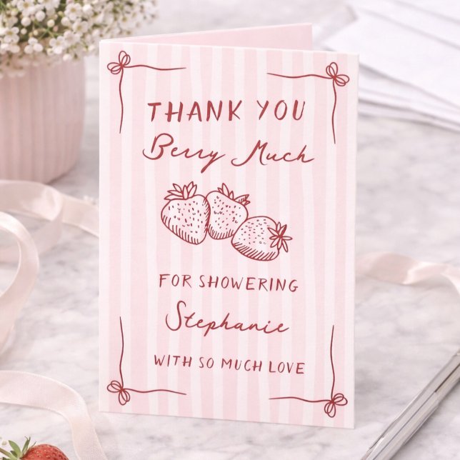 Tarjeta De Agradecimiento Berry In Love Strawberry Pink Bridal Shower Folded (Subido por el creador)