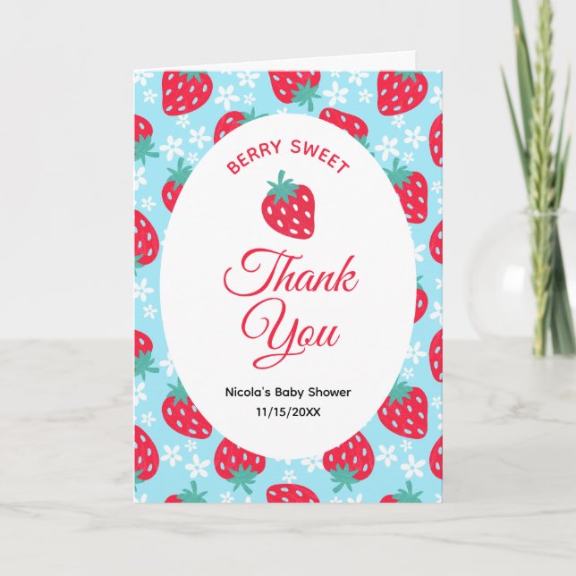 Tarjeta De Agradecimiento Berry Sweet Blue Strawberry Baby Shower (Anverso)