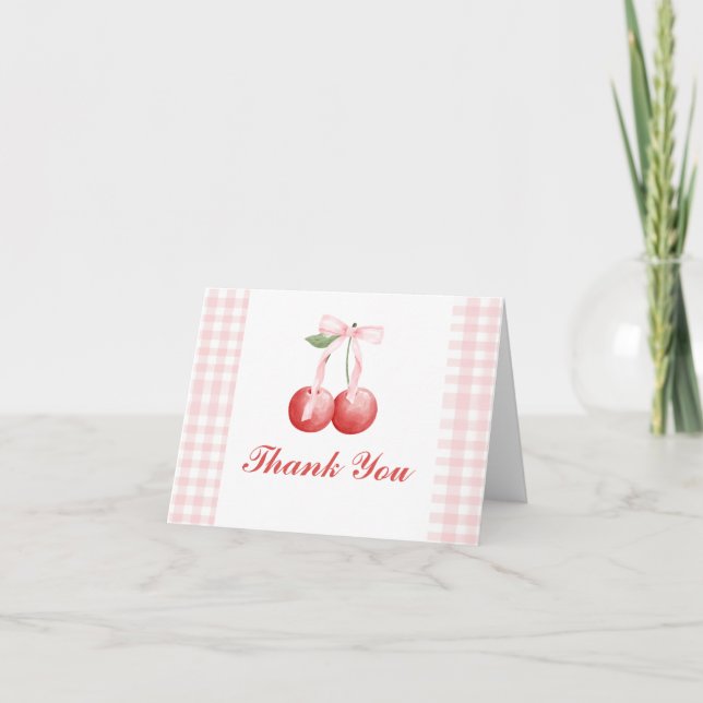 Tarjeta De Agradecimiento Berry Sweet Cherry cumpleaños Pink Bow Gingham (Anverso)