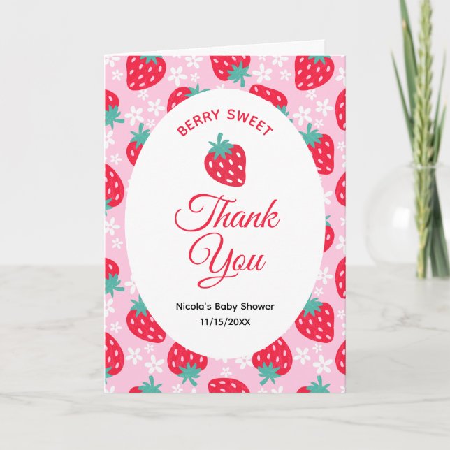 Tarjeta De Agradecimiento Berry Sweet Pink Strawberry Baby Shower (Anverso)