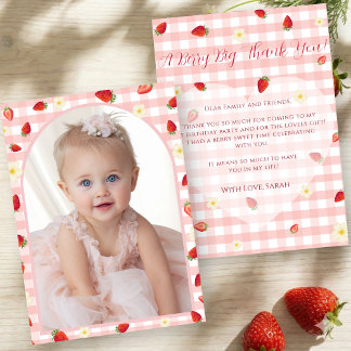 Tarjeta De Agradecimiento Berry Sweet Strawberry 1st Birthday Photo